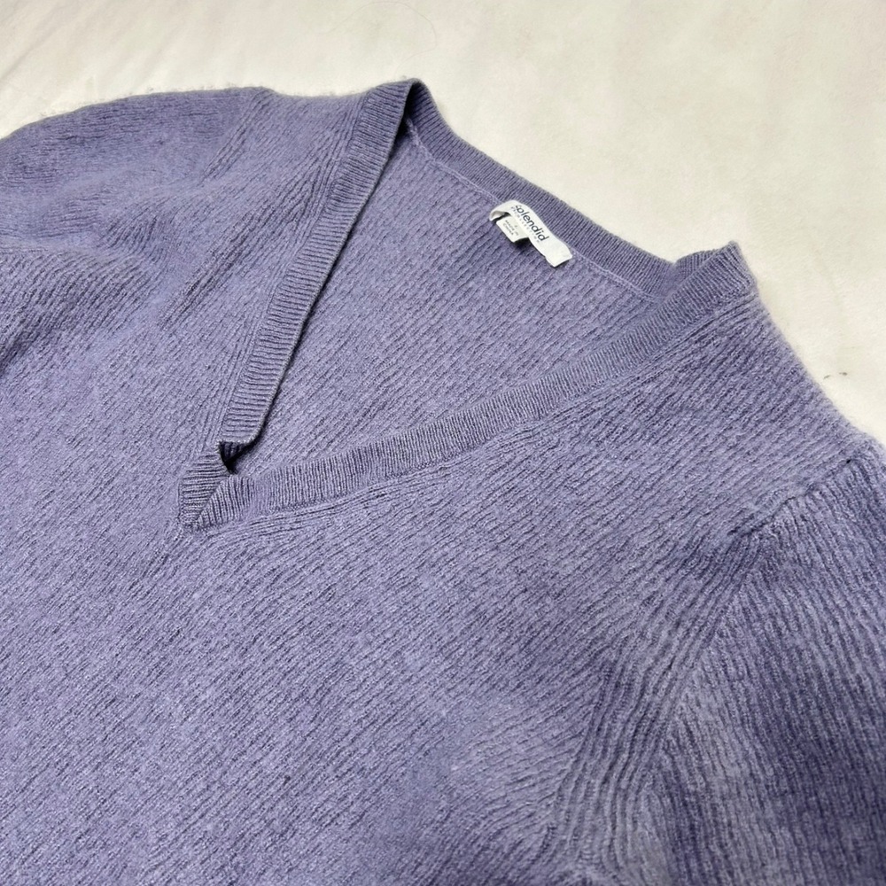 Splendid Collection Purple V-Neck Short Sleeve Ribbed Wool Cashmere Sweater L
